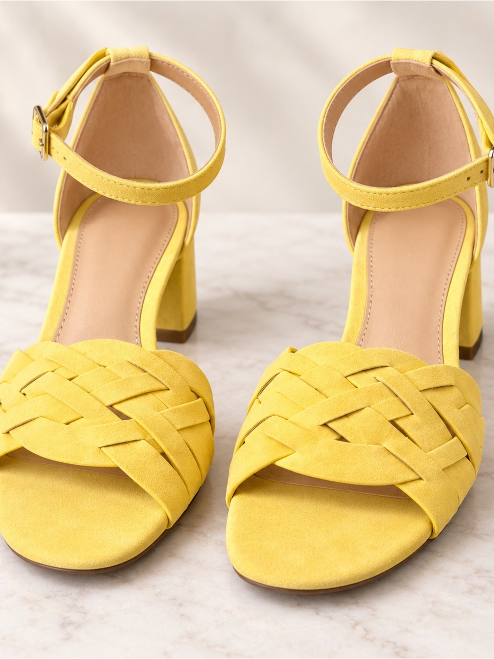 Yellow Braided Open-Toe Block Heel Sandals